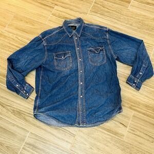 Wrangler Denim Western Shirt Mens 2XL Blue Pearl Snap Long Sleeve Stretch